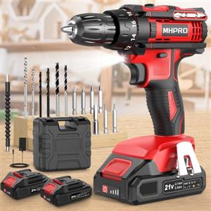 MHPRO Trapano Avvitatore a Batteria 21 V, 42 Nm, con 2 Batterie da 2,0 Ah | 18+1 livelli di coppia, 2 velocità, luce LED, 14 accessori e valigetta per forare e avvitare legno, metallo e plastica