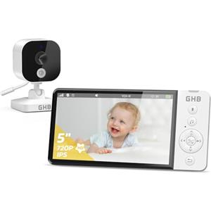 GHB Baby Monitor Video e Audio 5" 720P Schermo IPS, Visione Notturna | Monitor Baby con Telecamera Neonato, Rilevamento della Temperatura, VOX