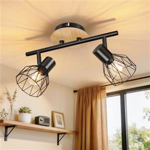 Dehobo E14 Faretti da Soffitto 2 Luci, Legno Orientabili Faretti Soffitto | Industriale Vintage Nero Modello Lampada da Soffitto Faretto da Parete Interno Senza Lampadina per Soggiorno Camera da Letto