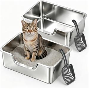 Eosarcu 2 Pezzi Lettiera Gatto Acciaio Inox, 50x35x15cm lettiera in acciaio inox, con bordo alto per gatto