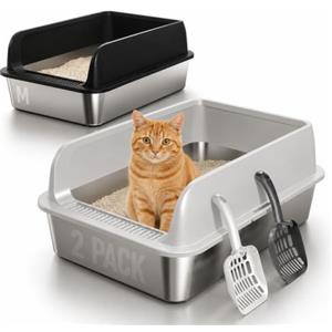 Eosarcu 2 Pezzi Lettiera Gatto Acciaio Inox, grande lettiera in acciaio inox, con bordo alto, per gatto, 50 x 35 x 20 cm, pala per gatti (M - Grigio&Nero)