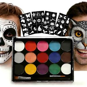 Prtoworior Kit Truccabimbi Halloween Face Painting 15 Colori Trucco Viso | Body painting colorato e ipoallergenico con sagome Festa di Halloween
