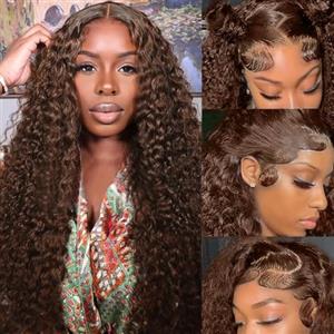 Rebasar Curly 13x4 Lace Frontal Wig Human Hair Deep Wave Chocolate Brown 24 Pollice | Parrucca Capelli Veri Donne Ricci Unprocessed HD Lace Front Wig for Women Parrucche Capelli Umani Donna Marrone Cioccolato