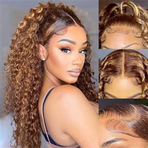 Rebasar 13x4 Deep Wave HD Lace Frontal Wig Human Hair for Black Women 22 Pollici | Parrucca Donna Capelli Veri Umani Glue Parrucca Capelli Umani Lace Frontal Wig for Women Blond Ombre P4/27 Highlight Colore