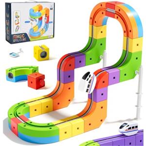 Purova 51 Pezzi Trenino Elettrico per Bambini con Pista Cubi 3D Ricaricabile USB | Con 1 Locomotiva Elettrica, Blocchi di Costruzione STEM con Incastro Stabile, Materiale ABS Resistente e Regalo Educativo