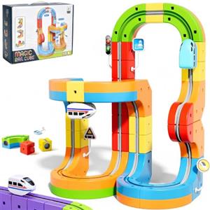 Purova 81 Pezzi Trenino Elettrico per Bambini con Pista Cubi 3D Ricaricabile USB | Con 1 Locomotiva Elettrica, Blocchi di Costruzione STEM con Incastro Stabile, Materiale ABS Resistente e Regalo Educativo