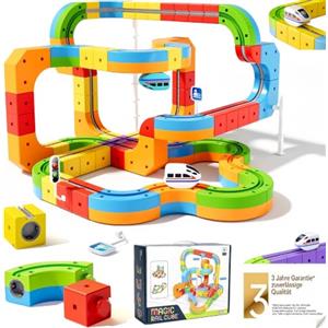 Purova 123 Pezzi Trenino Elettrico per Bambini con Pista Cubi 3D Ricaricabile USB | Con 2 Locomotiva Elettrica, Blocchi di Costruzione STEM con Incastro Stabile, Materiale ABS Resistente e Regalo Educativo