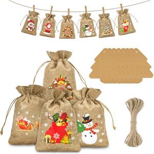 jijAcraft Calendario dell'Avvento da riempire, sacchetti di iuta: 13 x 18 cm, grandi sacchetti di iuta per bambini, 24 sacchetti regalo di Natale con ciondoli di abete e filo di iuta per decorazioni