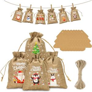 jijAcraft Calendario dell'Avvento da riempire, sacchetti di iuta: 10 x 15 cm, sacchetti di iuta per bambini, 24 sacchetti regalo di Natale con ciondoli di abete e filo di iuta per decorazione albero