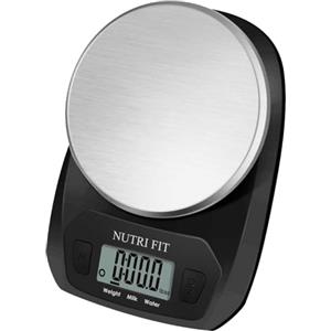 NUTRI FIT Mini Bilancia da Cucina Digitale in acciaio inox, 5KG/11lb, Nera | Bilancia portatile per viaggi, campeggio e camper; g/ml/lb:oz/fl oz; Display LCD; 2 batterie AAA; Dimensioni 16x11,5cm