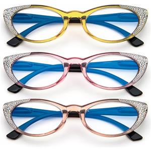 KoKoBin Confezione da 3 Occhiali da lettura da donna a occhio di gatto, computer alla moda blu luce che blocca la lettura occhiali telaio Comfort cerniera a molla (3 Pack, 1.5)