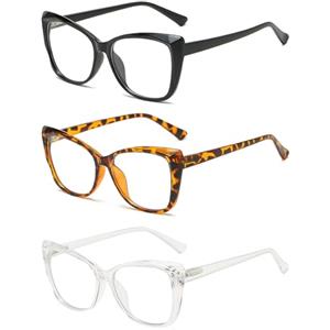 KoKoBin 3 confezioni di occhiali da lettura con Occhio di Gatto, eleganti occhiali dalla montatura grande, comodi occhiali blu a prova di luce (Nero, leopardo, trasparente, +1.5)