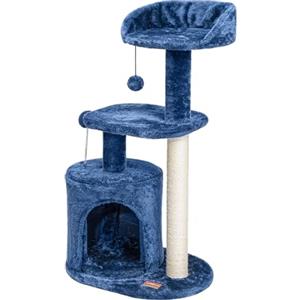 ClevaHome Albero Tiragraffi Blu Denim per Gatti Piccoli - Torre Multi-livello da 85 cm con Pali in Sisal, Piattaforme Morbide e Gioco Pensile da Interno