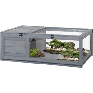 PawHut Terrario Casa per Tartarughe di Terra, 91x60.5x32 cm, Grigio | Pannello Apribile, 2 Spazi Separati, Terrario Tartarughe di Terra, Legno di Abete e Acciaio Zincato
