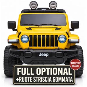 TOYSCAR Macchina Elettrica per Bambini Jeep Wrangler Rubicon Full Optional con TAPPETINI Telecomandata 2 posti Sedile in Pelle Porte Apribili Doppio Motore Elettrico 12V (Gialla)