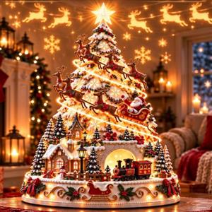 Generic Decorazione da Tavolo Albero Villaggio Natale con Proiettore e LED | Proiettore Integrato,Batteria Inclusa, LED Caldo, Treno Rotante, Plastica, 25X20Cm