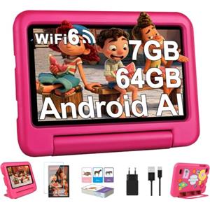DEERTiME 2026 Tablet Bambini 7 pollici Android, 7GB RAM + 64GB ROM/TF 1 TB, Wi-Fi 6, BT 5.0, 8-core, Batteria 3500mAh, Controllo Parentale, Doppia Fotocamera, GMS, Tablet Bambini Con Custodia in EVA - Rosa