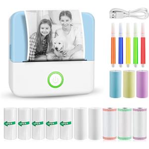 GuKKK Mini stampante, stampante fotografica portatile, mini stampante fotografica wireless, stampante termica con 13 rotoli e 6 matite colorate, smartphone Bluetooth, per elenco, diario