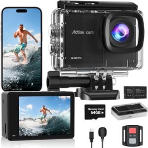 Camlance Action Cam 4K60FPS 48MP HD con Scheda SD 64GB,40M Macchina Fotografica Subacquea,Zoom 8x Videocamera,EIS,WiFi,Telecomando,2 * 1350 mAh-POV Senza Mani per Sport Estremi(Accessori Inclusi)