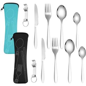Vicloon 2 Pezzi Posate da Viaggio, Set di Posate Acciaio Inox con Borsa, Coltello, Forchetta, Cucchiaio, Apribottiglie per Viaggi, Campeggio, Ufficio, Scuola, Lavabili in Lavastoviglie (Blau/Schwarz)