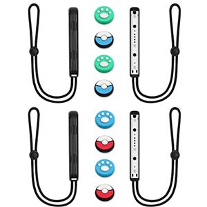 Vicloon 2 Coppia Switch Controller da Polso, di Blocco da Polso Lanyard con 8 Carino Tappo del Joystick, con Corda Regolabile per Switch Joycon, Nero