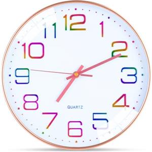 Gyxova Orologio da parete con numeri 3D, colorati, 30 cm, moderno, senza ticchettio, al quarzo, grande orologio da parete a batteria, colore oro rosa, per cucina, cameretta dei bambini, soggiorno