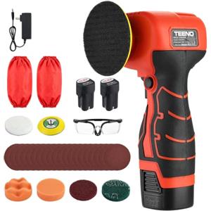 TEENO Mini Lucidatrice Orbitale Senza Fili 16,8V 76mm, 2 Batterie 2000mAh | Kit 350W 3500giri/min con Carta Vetrata, Spugne, Lana, Manicotto, Guanti - Lucidatura Auto Legno
