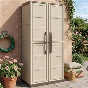Dmora - Armadio da esterno Marchin, Mobile balcone multiuso, Armadietto outdoor 2 ante, 100% Made in Italy, Beige e Marrone, Finitura quadri, 70x39h165 cm