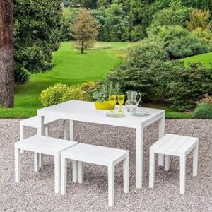Dmora - Set Salotto da Esterno Sanremo, Composizione da Giardino con 1 Tavolo Rettangolare e 4 panchine, Salottino Indoor e Outdoor da PIC Nic, 100% Made in Italy, Bianco