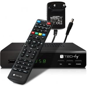 Techly 360974 Decoder Ricevitore Digitale Terrestre DVB-T/T2 H.265 HEVC 10bit Metallo con Telecomando Universale 2 in 1 con Alimentatore 12V Nero