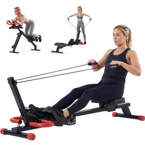 SPORTNOW 2 in 1 Vogatore per Casa & Macchina Addominale Pieghevole Rosso | Vogatore Pieghevole, Bande di Resistenza, Monitor LCD, Sedile Imbottito e Pedali Antiscivolo, 120 kg