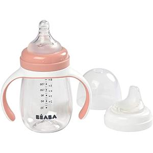 BÉABA - Biberon/Tazza di Apprendimento 2 in 1, Tazza con cannuccia per Bambini, 100% a Tenuta, Salvagoccia, Facile da aprire, Manici Removibili, Tritan e Silicone, 210 ml, Rosa