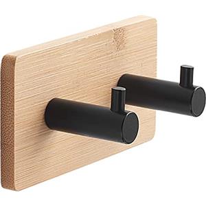 Gedy Juncos Appendiabiti Doppio Rettangolare, Naturale e Nero,Con Biadesivo | Cover in Bambù,Barre in metallo verniciato nero, fissaggio con biadesivo presente sul retro della placca, portata massima 6Kg