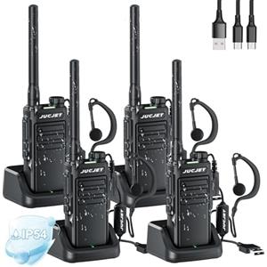 JUCJET EP31 Walkie Talkie PMR446 IP54 Resistente all'Acqua, 4 Pezzi | PMR446 senza licenza, 16 canali, IP54 resistente all'acqua, cavo Type-C, base di ricarica USB, auricolari, team
