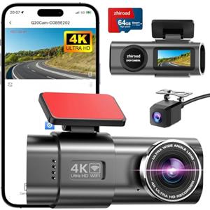 zhiroad Dash Cam Auto, 4K Dashcam con WiFi & App, Dashcam Auto con 64G Scheda, Telecamera Auto 170°+140°, WDR, Schermo 1,47", Custodia rimovibile, Registrazione in Loop, Visione Notturna, Sensore di Gravità