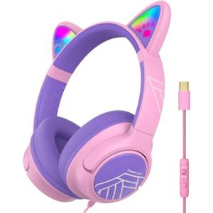 PowerLocus Cuffie per Bambini con Filo, Orecchie del Gatto con Luci a LED | USB-C Cable, Sicuro Limitazione del Volume 85/94dB, Pieghevoli, Cuffie per Bambina con Microfono per iPad/Viaggio/Tablet/PC