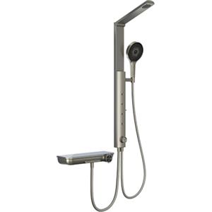 HOROW RainFlexi S2 Sistema Doccia, Colonna Doccia con Miscelatore | Termostato integrato, soffione pieghevole e ampio ripiano, finitura grigio spazzolata, ideale per bagni moderni