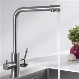 CECIPA PURE-I Rubinetto da cucina a 3 vie, Miscelatore per lavello con due uscite d'acqua: acqua filtrata e acqua calda/fredda - Beccuccio orientabile a 360° in acciaio inossidabile 304 spazzolato