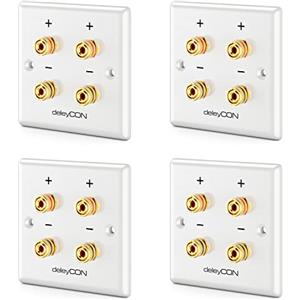 deleyCON 4 Pezzi Altoparlanti Multimediali Wallbox Scatola di Derivazione a Muro con Spina a Banana Prese per 2 Altoparlante (Rosso/Nero) - Sistema Audio Surround Hi-Fi Home Cinema Set di 4