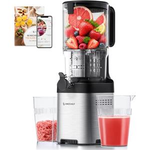AMZCHEF Estrattore di succo Slow Juicer con foro di riempimento da 135 mm per frutta e verdura intera, facile da pulire con 2 bicchieri, argento
