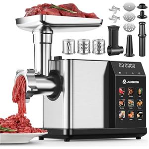 AAOBOSI Tritacarne Elettrico [3000W Max] con Display LED - 9 Velocità Regolabili, con Accessori Affettare, Insaccatrice e Preparatore Kibbe - Contenitore Stoccaggio Integrato per Uso Domestico
