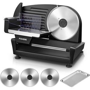 FOHERE 250W Affettatrice Elettrica da Casa, 3 Lame in Acciaio Inox con Diametro di 19 cm, Affettatrice Professionale, Spessore Regolabile 0-15mm Per Carne Formaggio Pane, Facile da Pulire