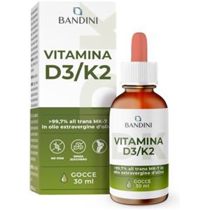 Bandini® Vitamina D3 K2 Gocce, in Olio Extra Vergine di Oliva EVO, | Vitamine D Colecalciferolo 1000 UI per Goccia + Vit K MK-7 Menachinone Kappa 99,7% 100 mcg per Goccia, con pratico Contagocce