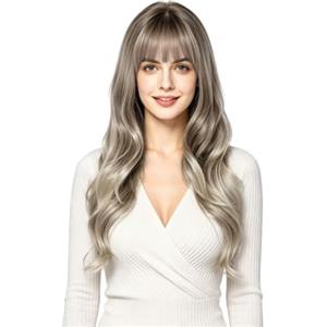 Aomig Parrucca Donna Lunga Ondulata Naturali Sintetica con Frangia-24IN