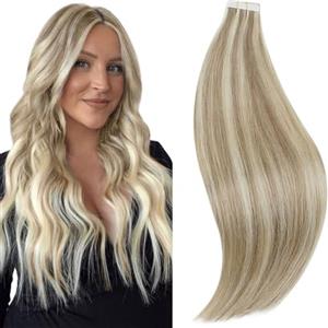 RUNATURE Extension Capelli Veri Biadesivo Biondo 45cm 20Pcs 50g #8P60 | Extension Capelli Veri Biadesivo Castano Chiaro con Riflessi Biondo Medio Dritto Naturale,Lisci,Invisibile