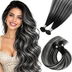 Hetto Extension Capelli Veri Cheratina 50 Ciocche per Styling Quotidiano | Tocco setoso, Nero Naturale con Grigio Argento, Punti di fissaggio discreti, Pienezza adattabile al proprio look, 35cm 40g