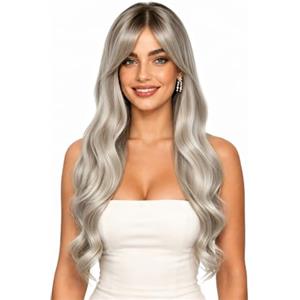 Aomig Parrucca Donna Lunga Ondulata Naturali Sintetica con Frangia-24IN