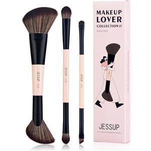 Jessup Set pennelli trucco viaggio doppia punta contour occhi 3pz T507 | Set pennelli versatile, fibre sintetiche vegane premium, salvaspazio, contour e luminosità naturale per principianti