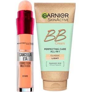 Garnier Skinactive BB Cream Crema Viso Idratante Perfezionatrice Tutto in 1 SPF25 Tonalità Medio-Chiara + Il Cancella Età Correttore Liquido Multiuso Colore 02 Nude con Applicatore a Spugnetta