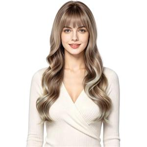 Aomig Parrucca Donna Lunga Ondulata Naturali Sintetica con Frangia-24IN